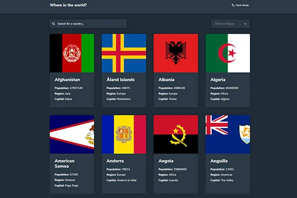 screenshot countries flags, search for countries